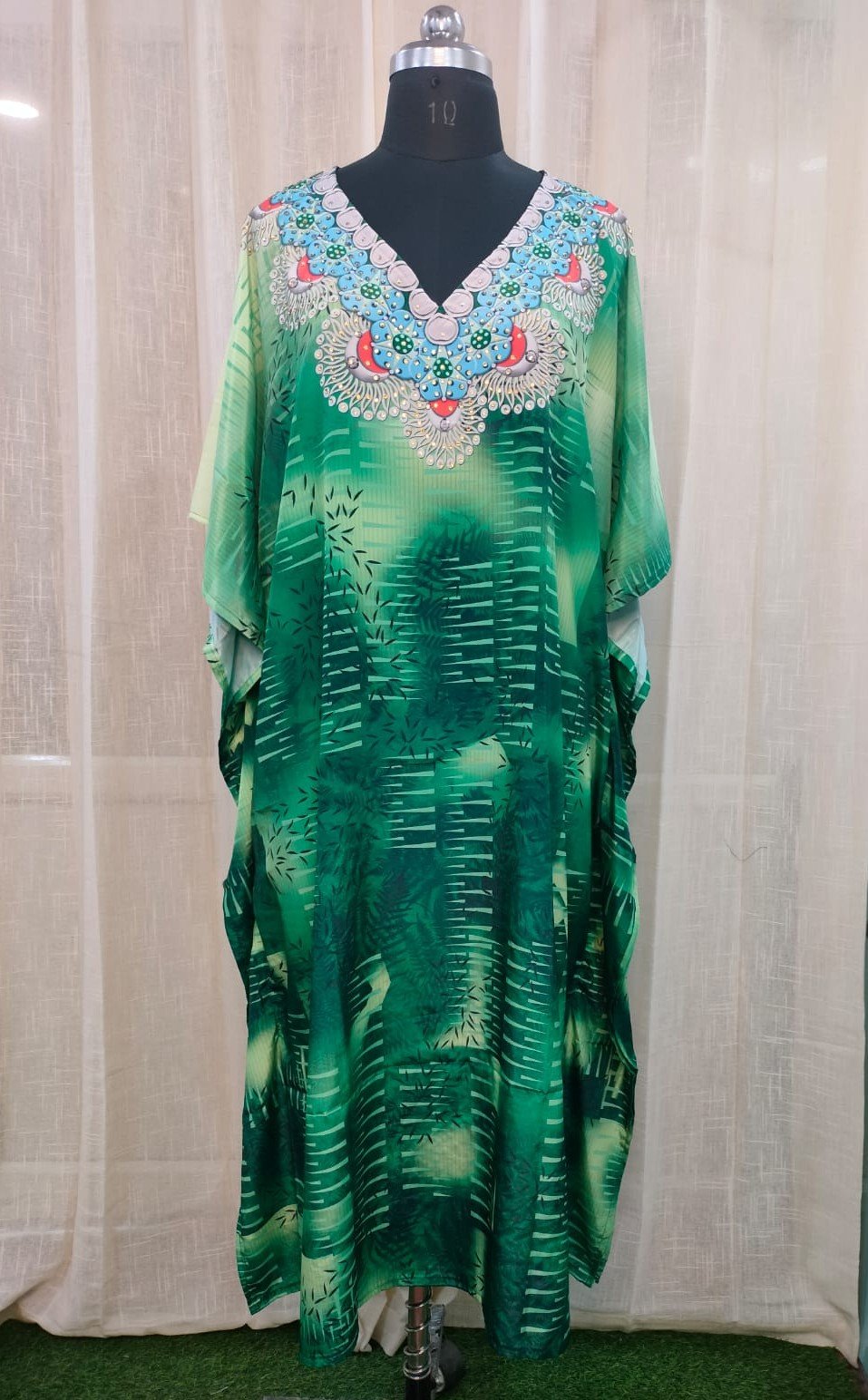 POLY CREPE DIGITAL PRINT LONG KAFTAN GREEN MULTY (1) 0055