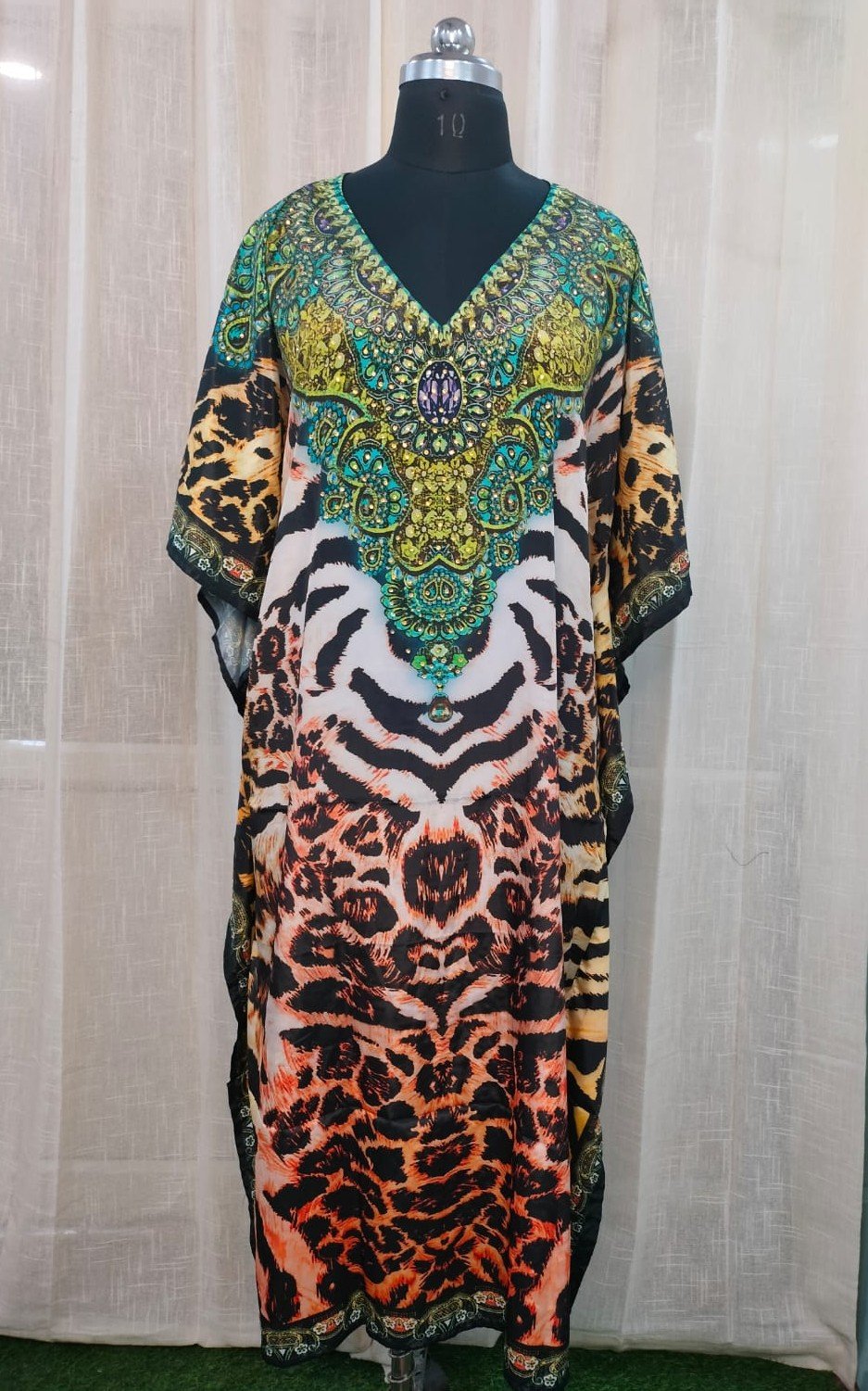 POLY CREPE DIGITAL PRINT LONG KAFTAN LIGHT BROWN MULTY (1) 0057