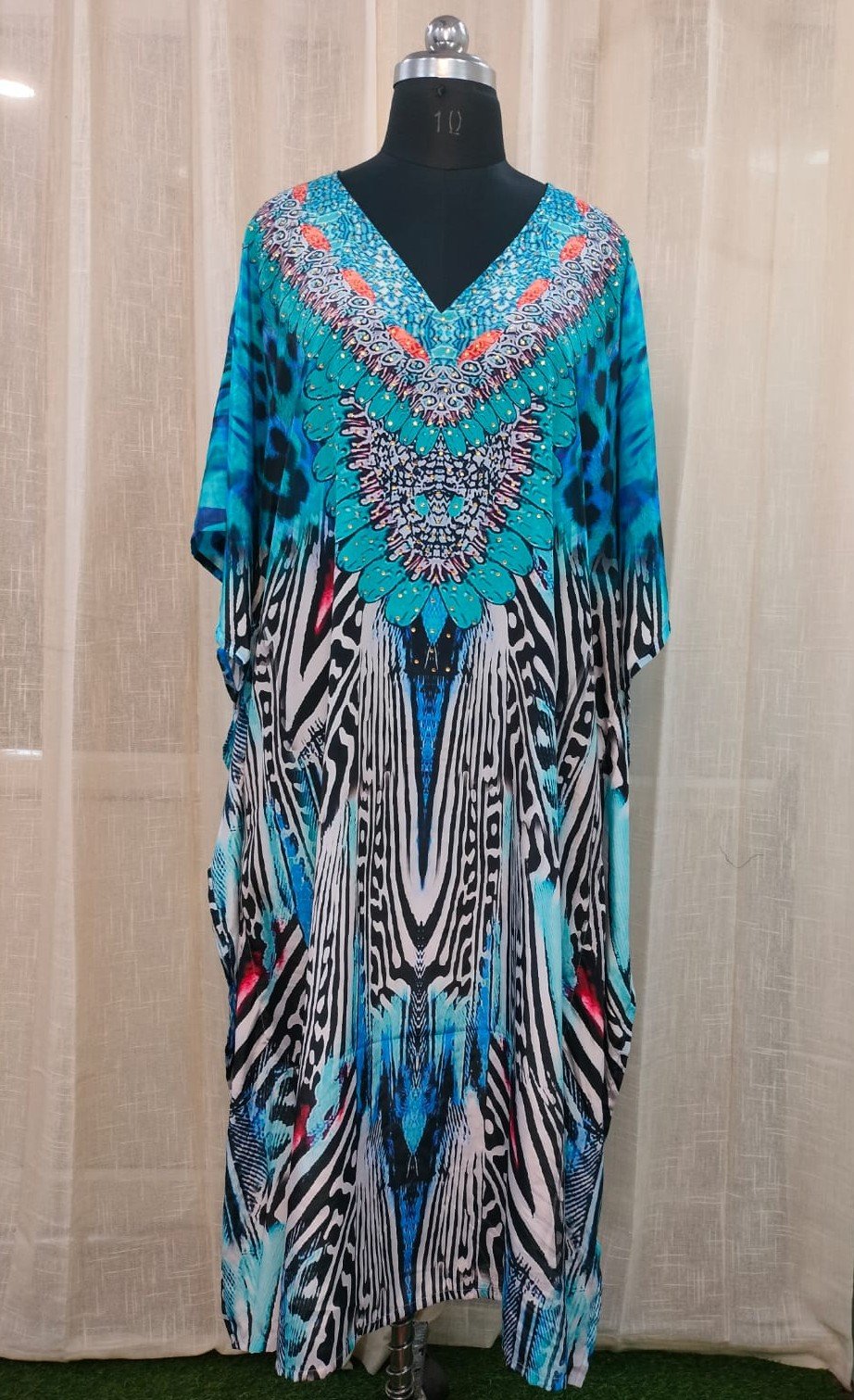 POLY CREPE DIGITAL PRINT LONG KAFTAN SKY BLUE MULTY (1) 0054