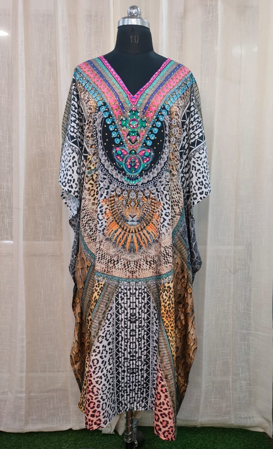 POLY CREPE DIGITAL PRINT LONG KAFTAN TIGER PRINT MULTY (1) 0058