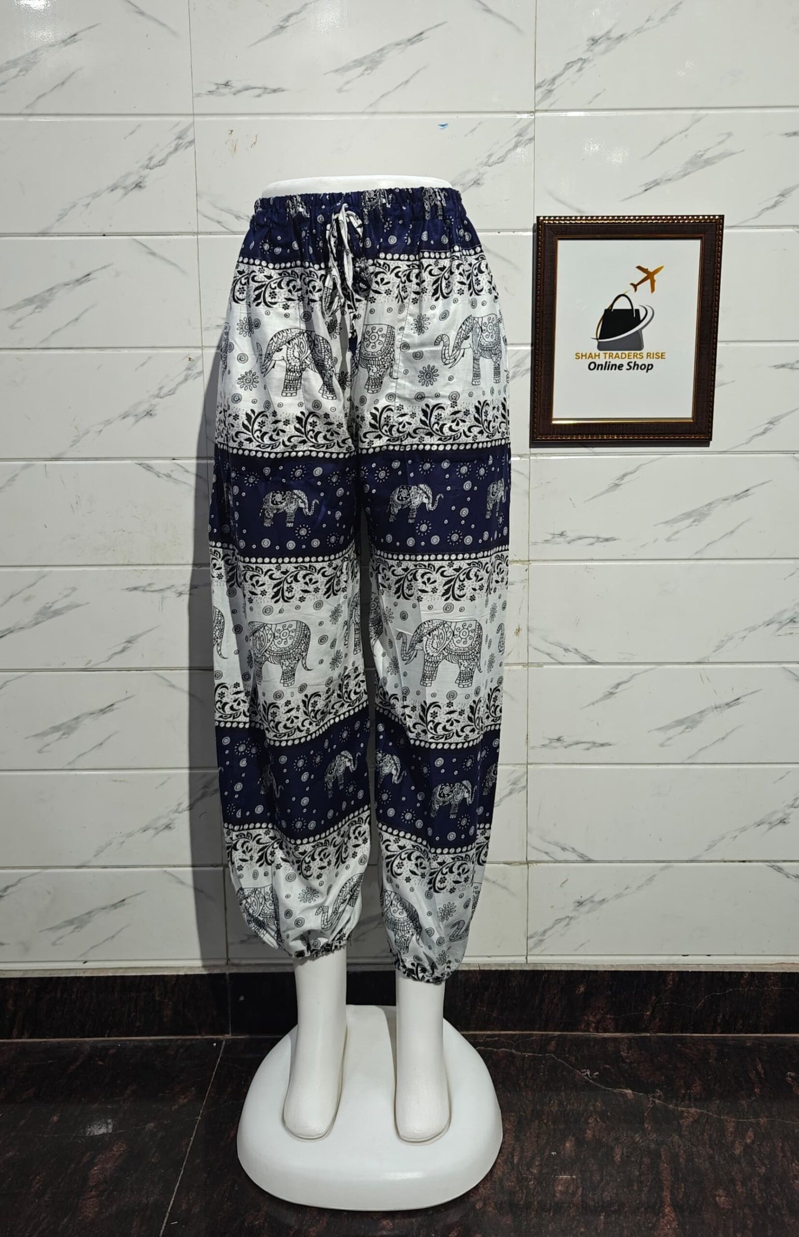 RAYON ELEPHANT MULTI DESING BALOON TROUSER BLUE (1) 0027